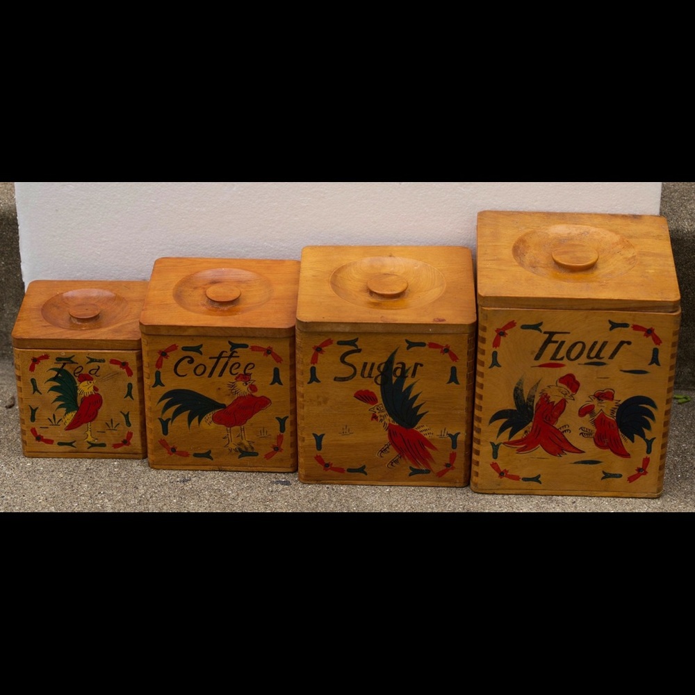 Vintage MCM wooden nesting canister set with hand-painted fighting roosters.